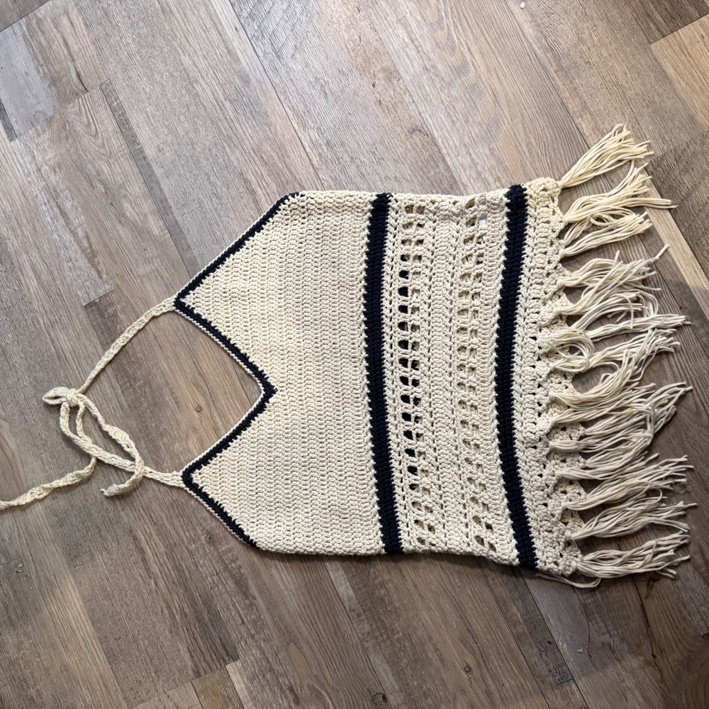 Lovemarks Womens Halter Top Crochet Fringe Striped‎ Cream Navy Blue Size Medium